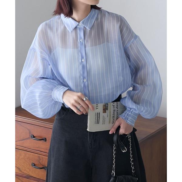 ブラウス シャツ アソート柄シアーボリュームスリーブシャツ レディース