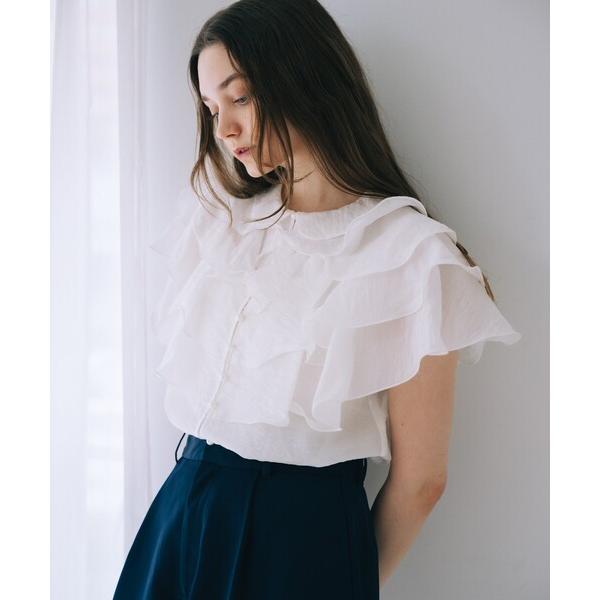 ブラウス シャツ ラッフルフリルパールボタンブラウス　夏服　ノースリーブ　シアートップス　春服　半袖...