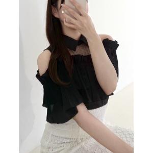 タンクトップ ノースリーブ ショルダーオープンプリーツブラウス　シアー　ドット　夏服　フリル　フェミニン　きれいめ　オフショル レディース