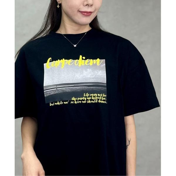 tシャツ 天竺フォトプリント×ロゴオーバーサイズTシャツ レディース