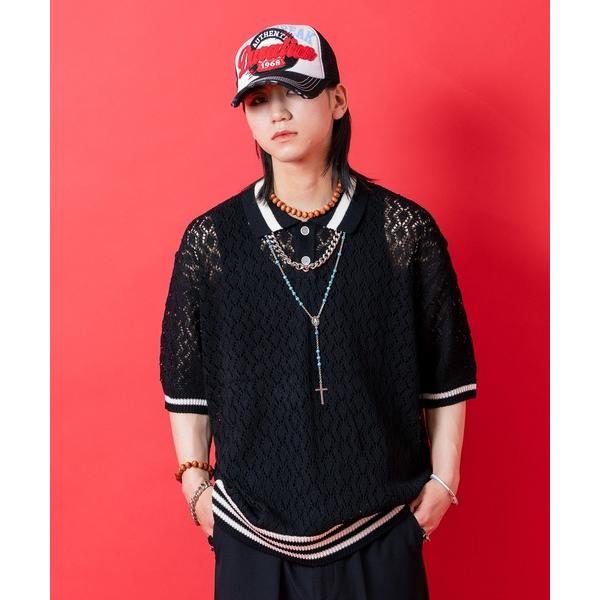 ポロシャツ a.p.o.v. ライン襟切り替え透かし編みニットポロシャツ メンズ レディース