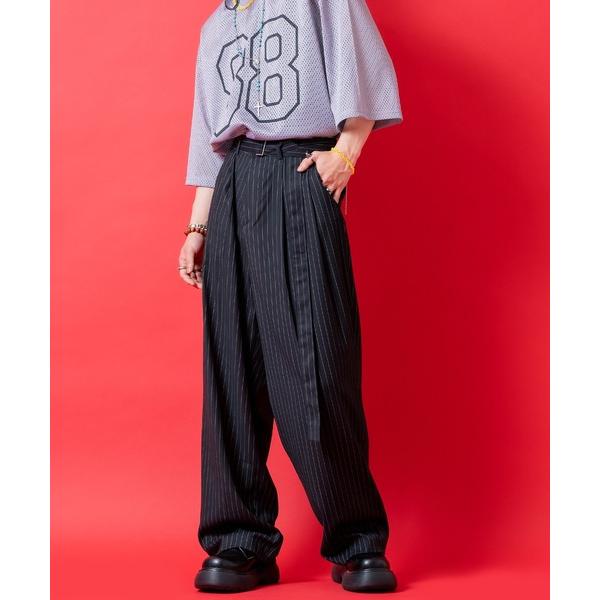 スラックス a.p.o.v. ピンストライプTRスーツロングベルト２タックワイドスラックス メンズ ...