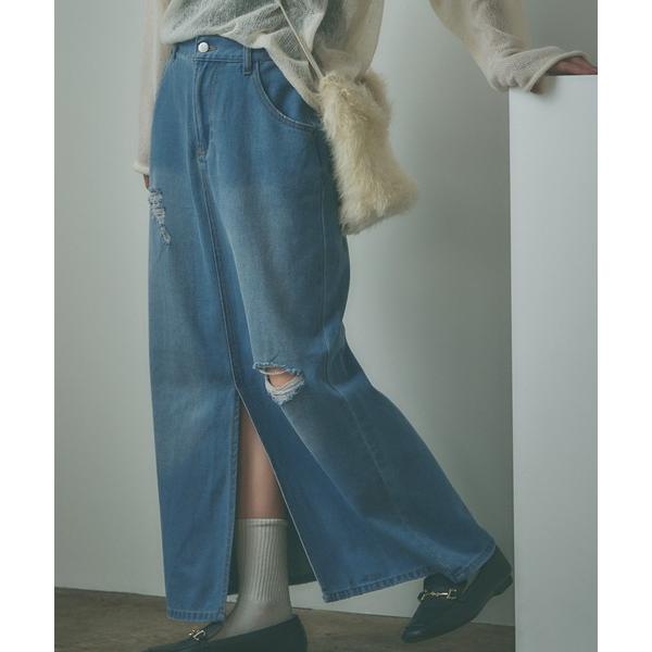 デニムスカート Crushed long Denim Skirt / ダメージロングデニムスカート