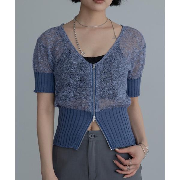カーディガン ネップ透かし編みZIP半袖カーディガン レディース