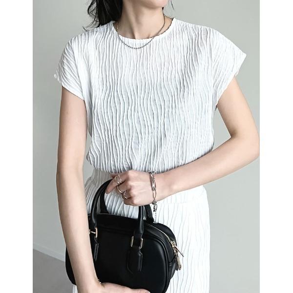 tシャツ 「セットアップ対応」フレンチスリーブウェーブカットジャガードトップス レディース