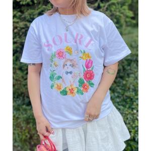 tシャツ キャットフラワー フロントプリント 半袖Tシャツ レディース 「Soure」 メンズ レディース
