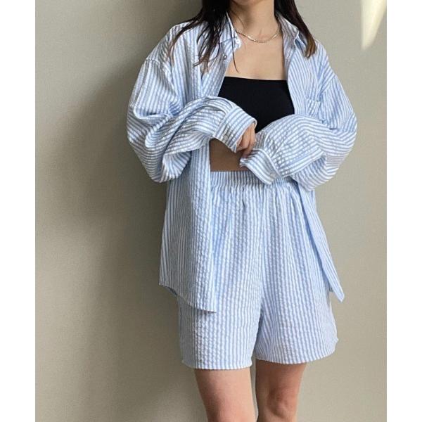 パジャマ ルームウェア ストライプサッカーシャツ＆ショートパンツセット（シワレス） レディース