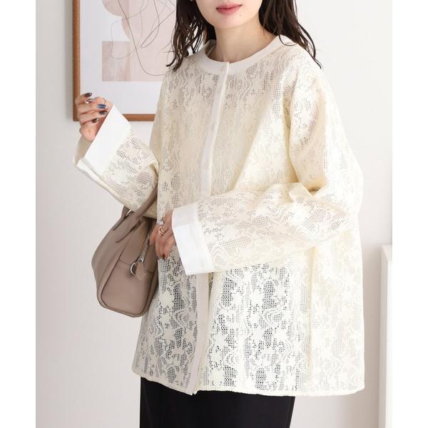 ブラウス シャツ バンドカラーメッシュレースブラウス レディース