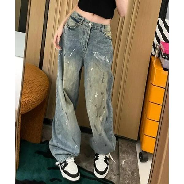 ワイドパンツ ジーンズ デニム デニムパンツ ペイントデニムパンツ レディース