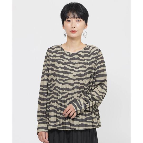 ブラウス シャツ 「L」「カタログ掲載」「ウォッシャブル」タイガープリントプリーツプルオーバーブラウ...