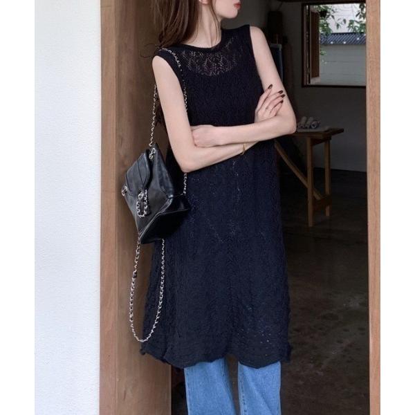 ワンピース 前後２Way透かし編みノースリーブワンピース