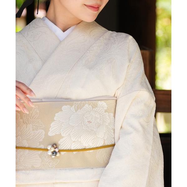 帯単品 小袋帯 utatane 博多織 長尺 正絹 牡丹 ベージュ×ホワイト 日本製 レディース