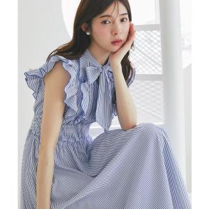ワンピース フリル付きボウタイリボンストライプワンピース