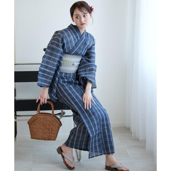 浴衣 浴衣3点セット utatane 綿麻 しじら織 紺鼠格子 レディース