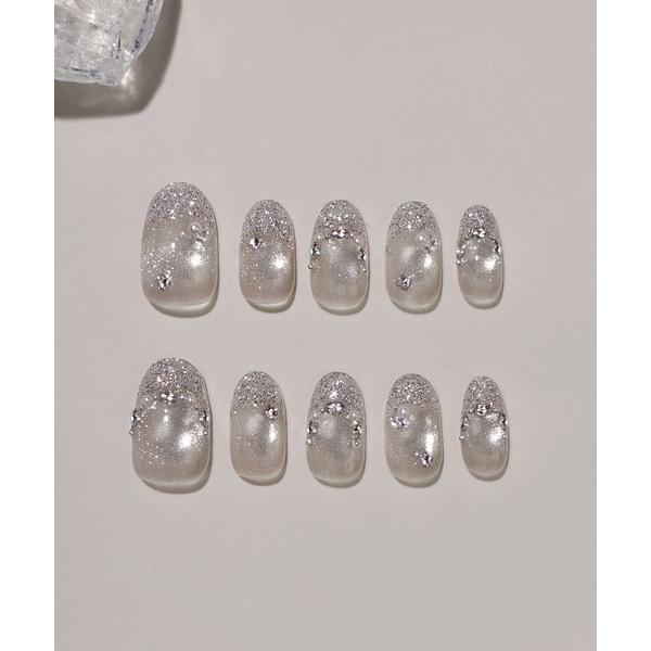 ネイルチップ ネイルシール 3D水光ネイルホワイトマグネットシルバーラメフレンチストーンパールオーバ...
