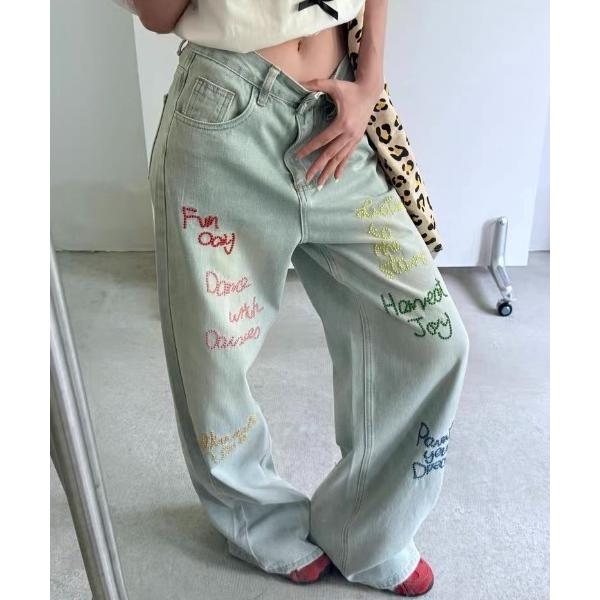 ジーンズ デニム デニムパンツ パール刺繍ワイドジーンズ レディース
