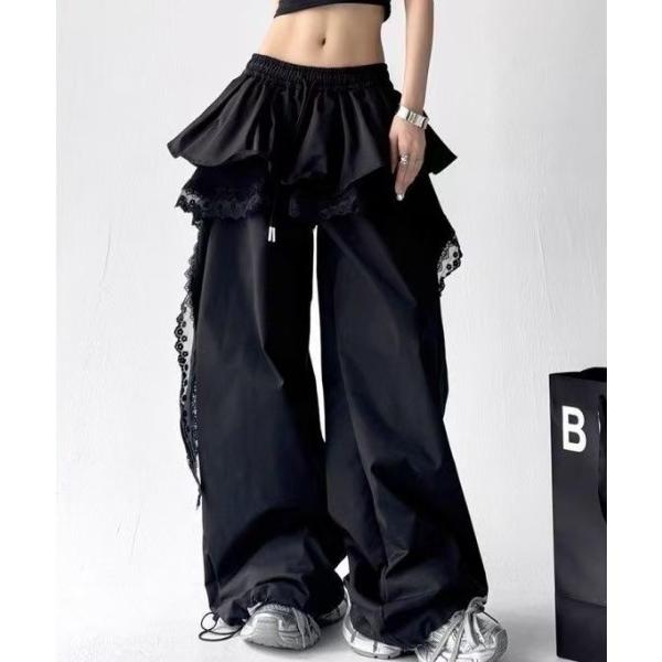 スウェットパンツ ジャージ レース付きレイヤード風ワイドパンツ - ホワイト レディース