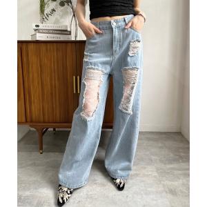 ジーンズ デニム デニムパンツ レースカバードダメージワイドデニムパンツ レディース