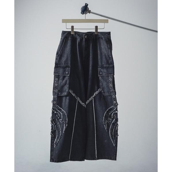 ジーンズ 「UNDERGROUND」トライバル ロゴ フリンジ デニム カーゴパンツ メンズ レディ...