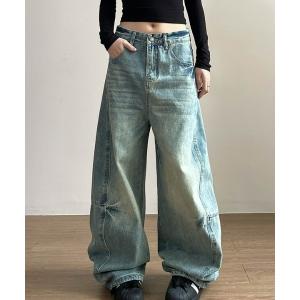 ジーンズ デニム デニムパンツ ワイドデニムパンツ_ヴィンテージウォッシュ加工 レディース