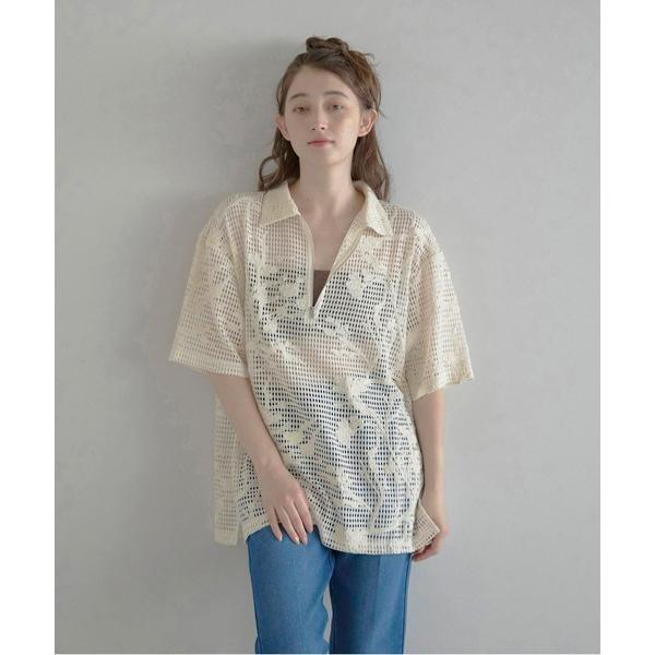 ブラウス シャツ 「MINERTE」flower embroidery half zip mesh ...