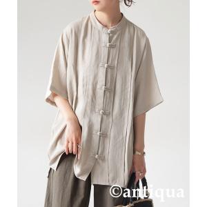 ブラウス シャツ 半袖 Vネック 刺繍レース チャイナボタン 切替