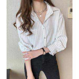 ブラウス シャツ 「全10色」ストライプ スキッパー 秋冬 シャツ ブラウス 長袖 抜き襟 オフィス カジュアル レディース