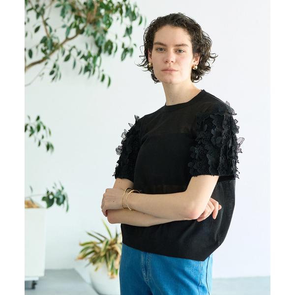 tシャツ boussole×qualiteフラワーエンブロPO/シアーニット/オフィスカジュアル/サ...