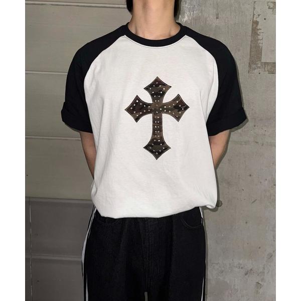 tシャツ ラインストーン柄クロスアップリケTシャツ レディース メンズ