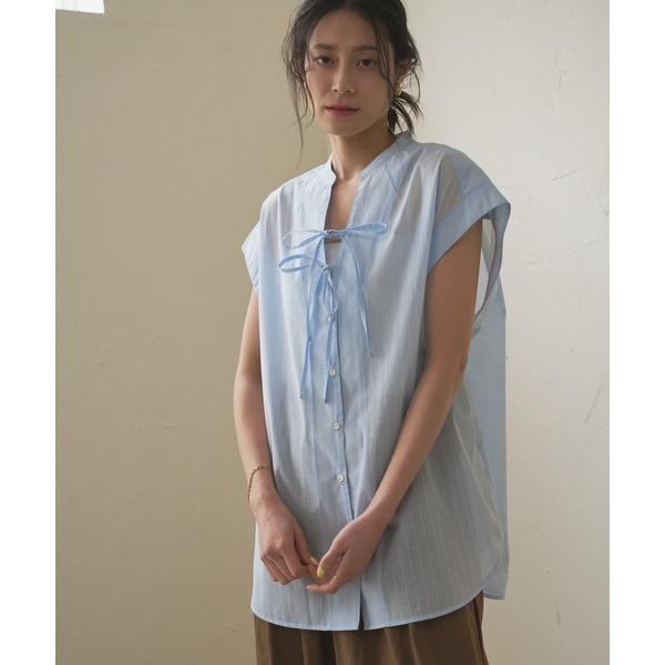 ブラウス シャツ フロント紐リボン付きシアーブラウス レディース