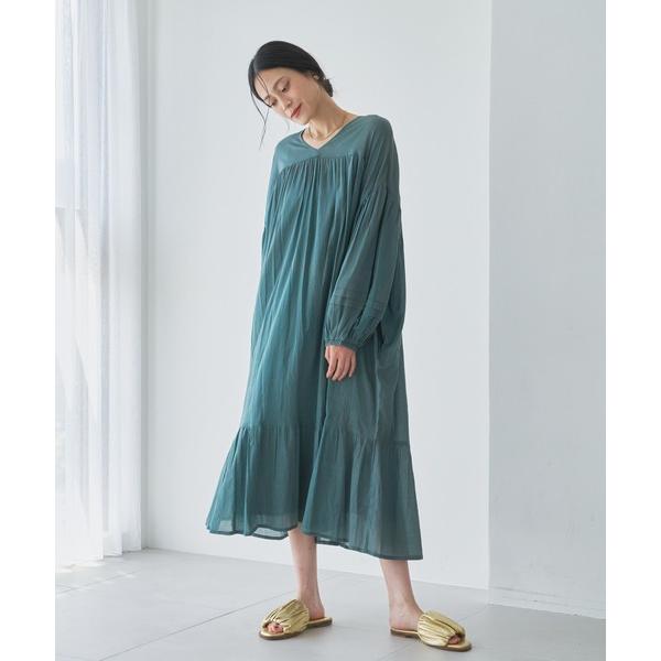 ワンピース 「インドコットン」袖バルーンVネックワンピース-手洗い可-