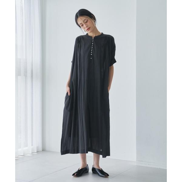 ワンピース 「インドコットン」フロント釦半袖ギャザーワンピース-手洗い可-