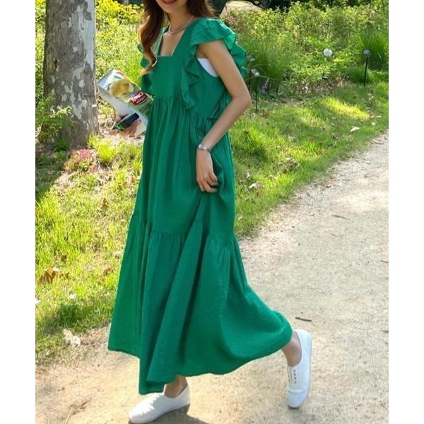 ワンピース エレガントな四角い襟、ラフル袖をパッチワークしたワンピース「韓国ファッション」