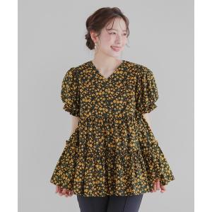 小花柄パフスリーブVネックティアードトップス レディース