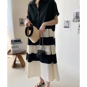 ワンピース シャツカラー半袖切替バイカラードッキングロングワンピース