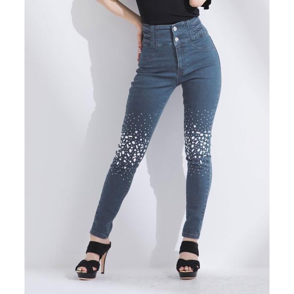 ジーンズ デニム デニムパンツ ビジュー付レースアップハイウエストストレッチ抜群デニムスキニーパンツ...