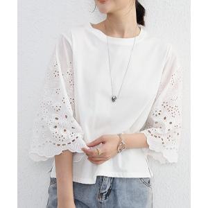 tシャツ 5分袖レースフレアスリーブカットソー レディース