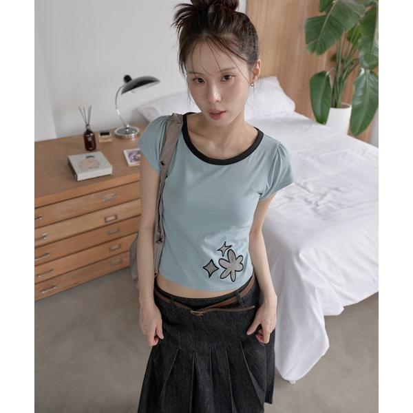 tシャツ 「UNE ORIGINAL」フラワーギンガムチェックアップリケ刺繍バイカラーユニークパフ袖...