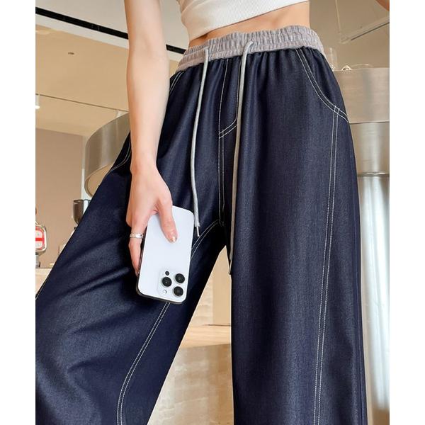 パンツ カジュアル映えウエストゴムワイドデニムパンツ レディース