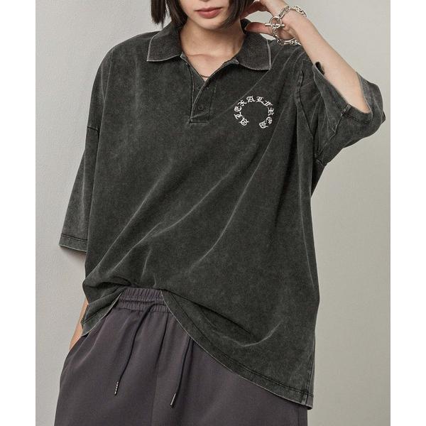 ポロシャツ 「Alfred Alex」ヴィンテージ加工 パウダーブリーチ サークルロゴ刺繍半袖ポロシ...