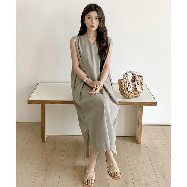 ワンピース リネン風ノースリーブワンピース