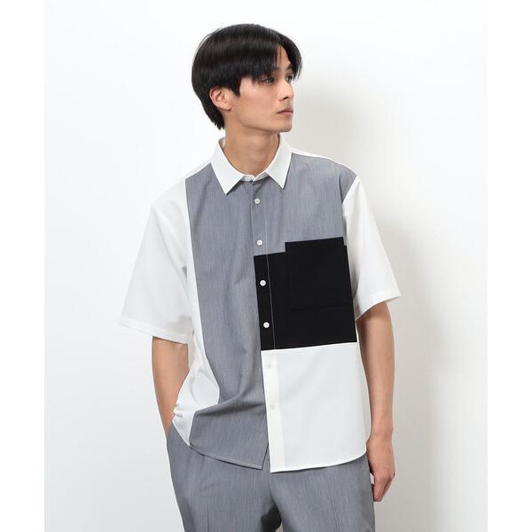 シャツ ウールライク ショートポイントカラー ブロッキング半袖シャツ メンズ
