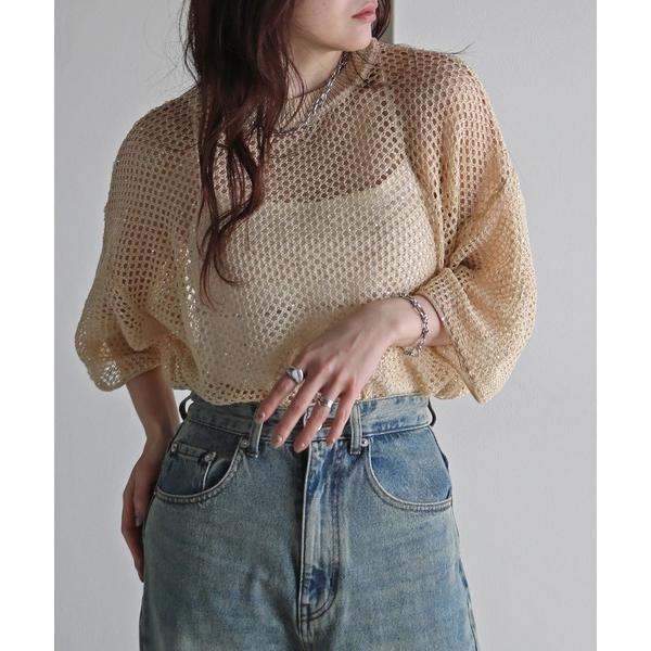 ニット セーター スパンコールメッシュ編みシアーニットトップス レディース