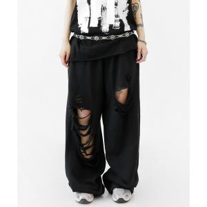 ワイドパンツ スウェットパンツ ジャージ ダメージデザインワイドスウェットパンツ メンズ レディース