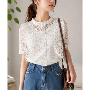 ブラウス シャツ 夏 半袖 オンオフで着まわせる、これ一枚でカジュアルも大人可愛くも　ラウンドネック半袖レースシャツ レディース