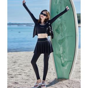 水着 体型カバー レディース水着 長袖ライン柄ラッシュガードトップス+ブラ+パンツ一体型スカート+レギンス 4点セット レディース