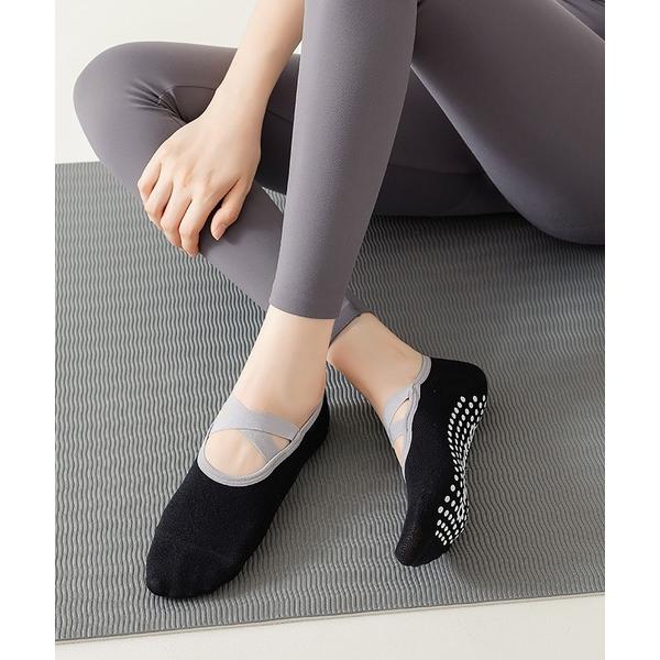 靴下 滑り止め付き クロスデザインヨガソックス/マシンピラティスソックス レディース