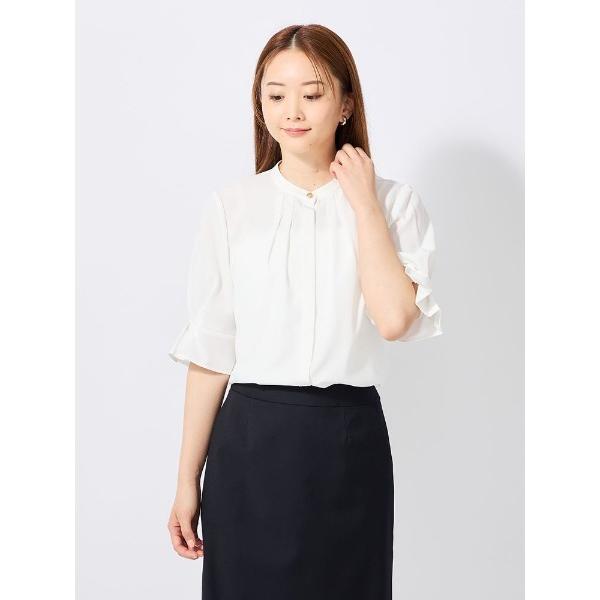 ブラウス シャツ コットンライク　袖タック　ブロードブラウス　オフホワイト/ブラウン/ブルー レディ...