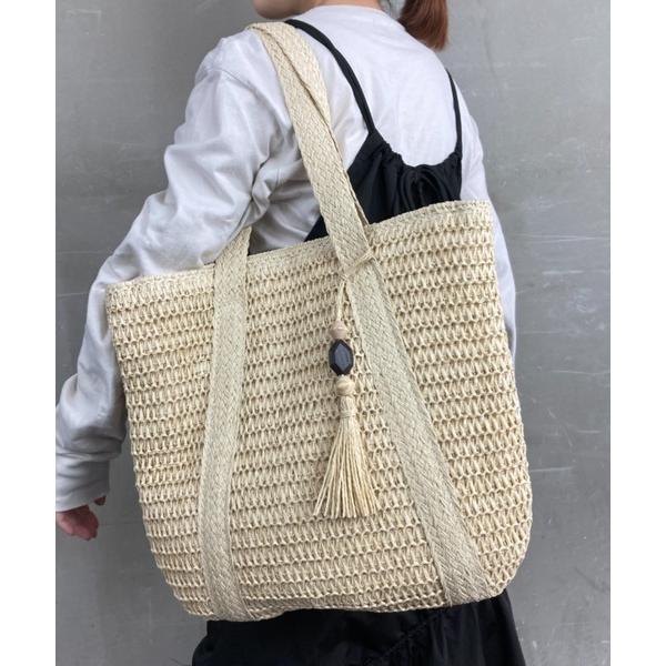 トートバッグ ナチュラル編み ウッドビーズ タッセル付き ストローバッグ トートバッグ レディース