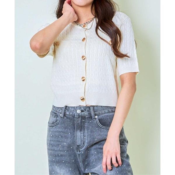 カーディガン 「金ボタン×コンパクト」上品見え半袖ニットカーデ レディース